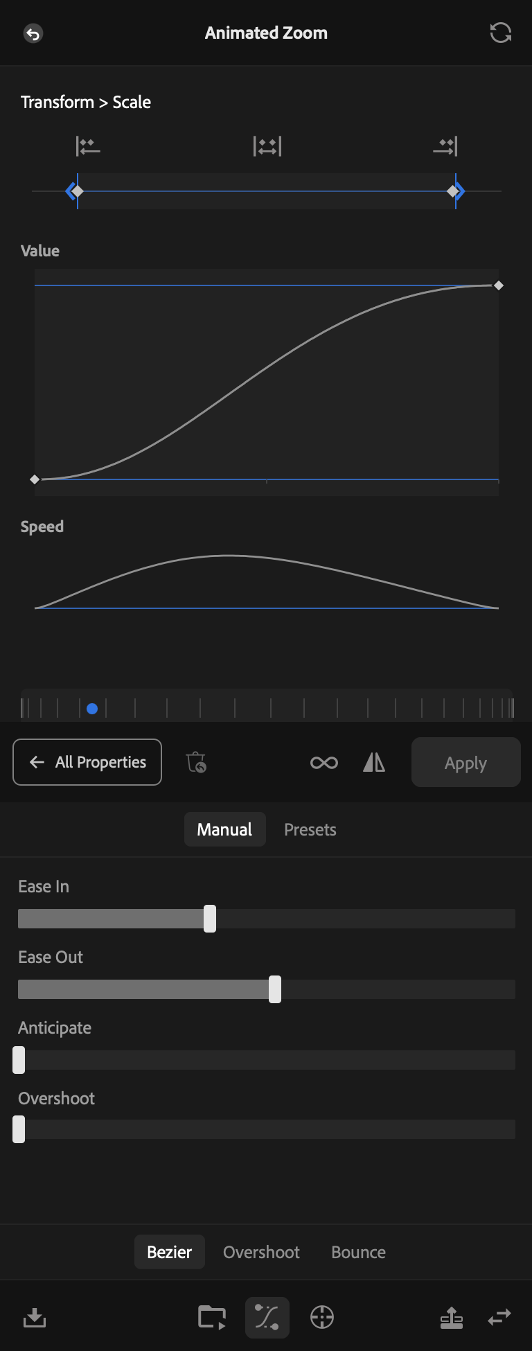 A Bezier: the Manual tab with its four sliders, and the type selector under them