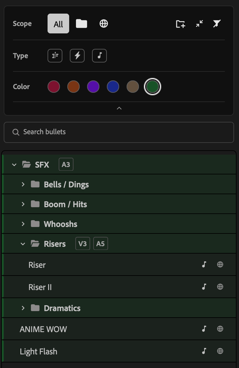 With the green color selected, the list shows only the green Bullets and folders. In this example, green is the color of the SFX.