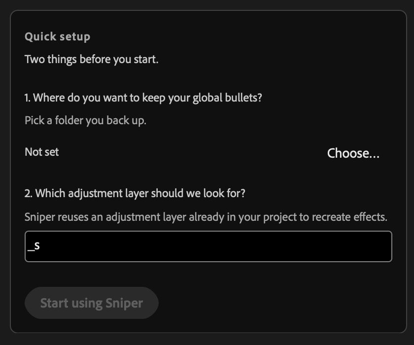 The Quick setup screen